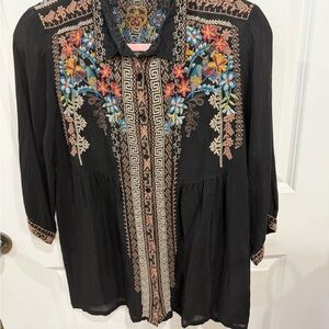 Johnny Was Black Blouse with Colorful Embroidery